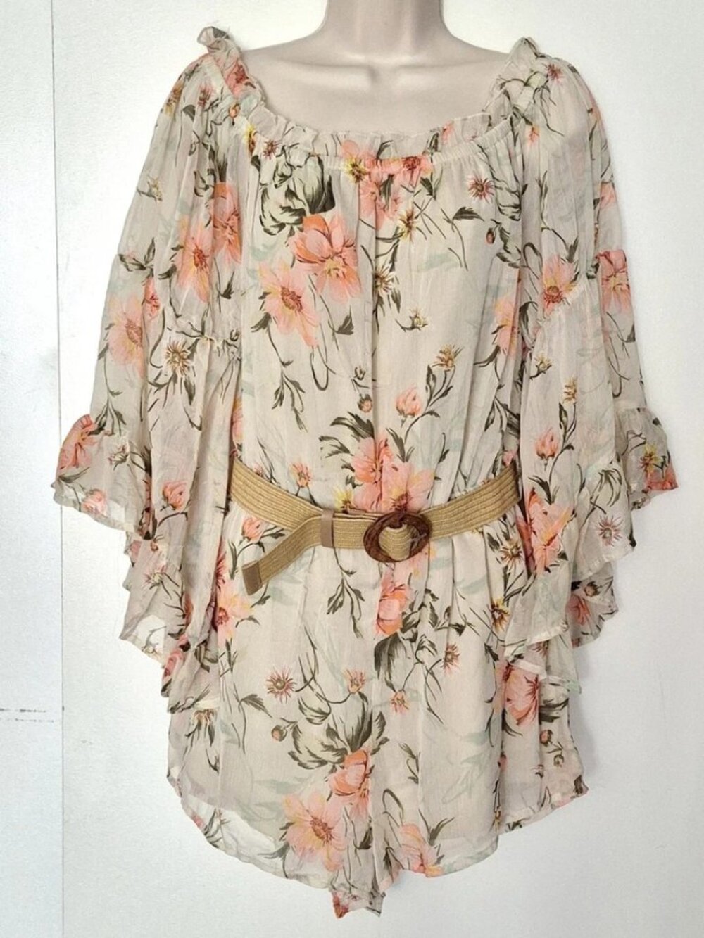 Blush Floral Off The Shoulder Bell Sleeve Romper With Belt Size XL